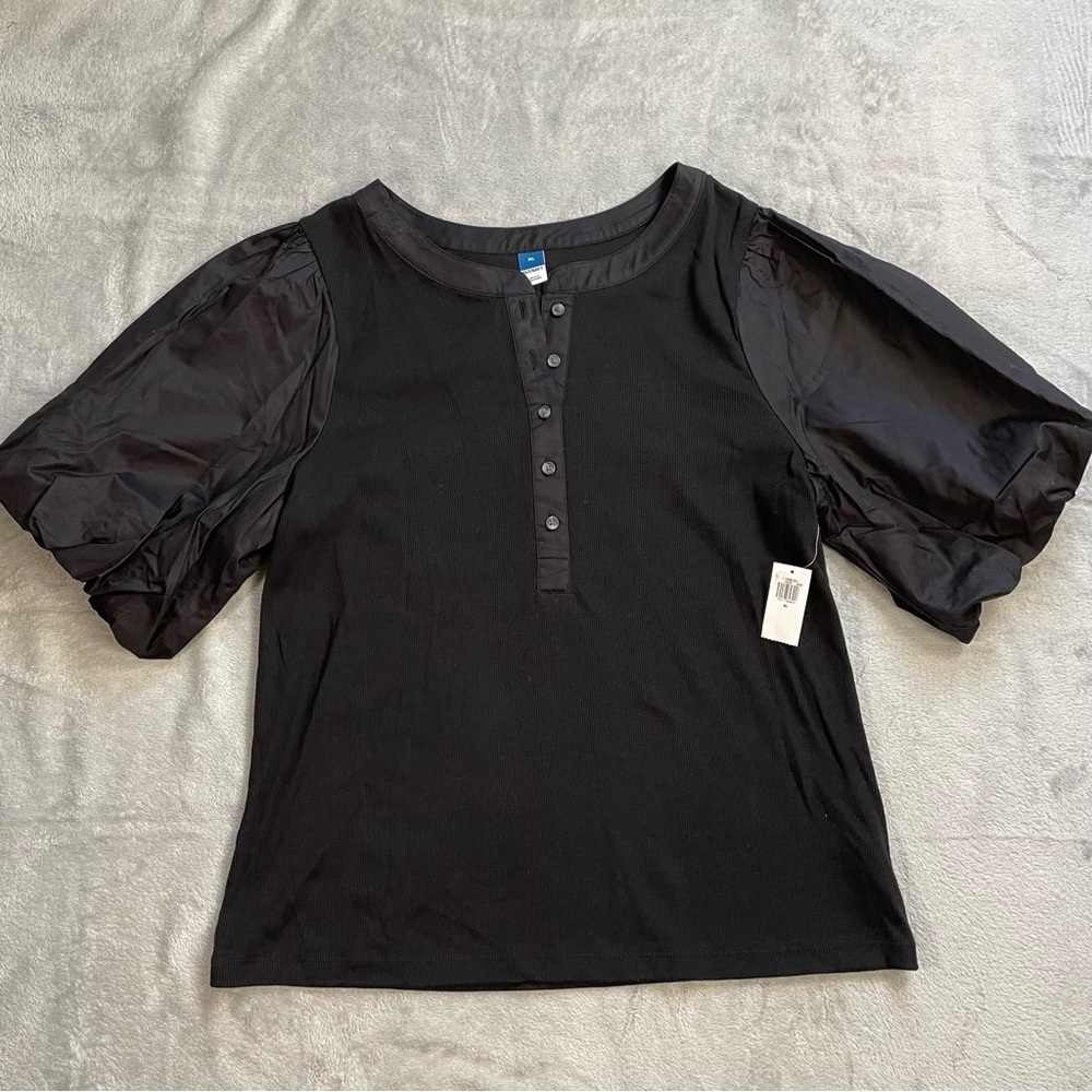 Old Navy Shirt XL Womens NWT Rib Knit Henley Puff‎ Sleeve Black